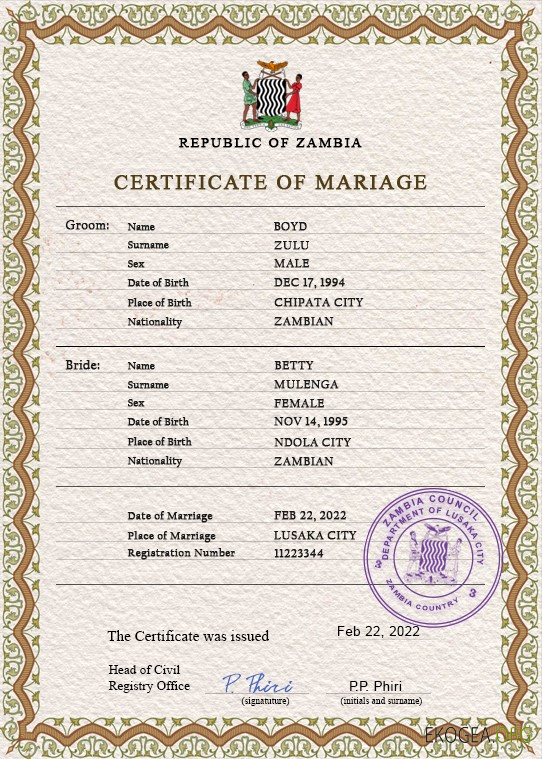 Modèle PSD de certificat de mariage en Zambie